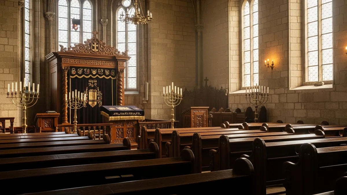 Soaring empty synagogue sanctuary with arched windows, carved aron kodesh, and warm morning light on wooden pews