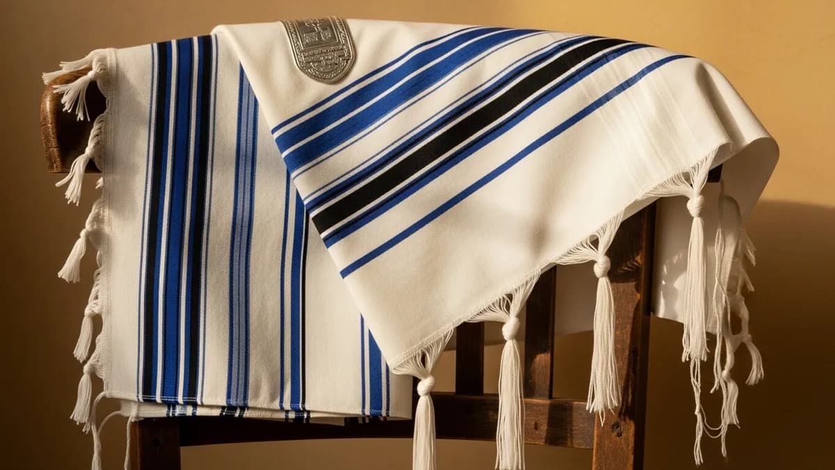 White wool tallit with blue-black stripes and knotted tzitzit fringes draped over a wooden chair in soft morning light