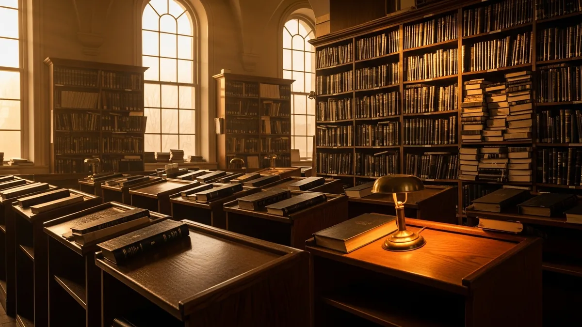 Empty yeshiva study hall with rows of wooden lecterns, open Talmud volumes, and warm lamplight across sefarim-lined shelves