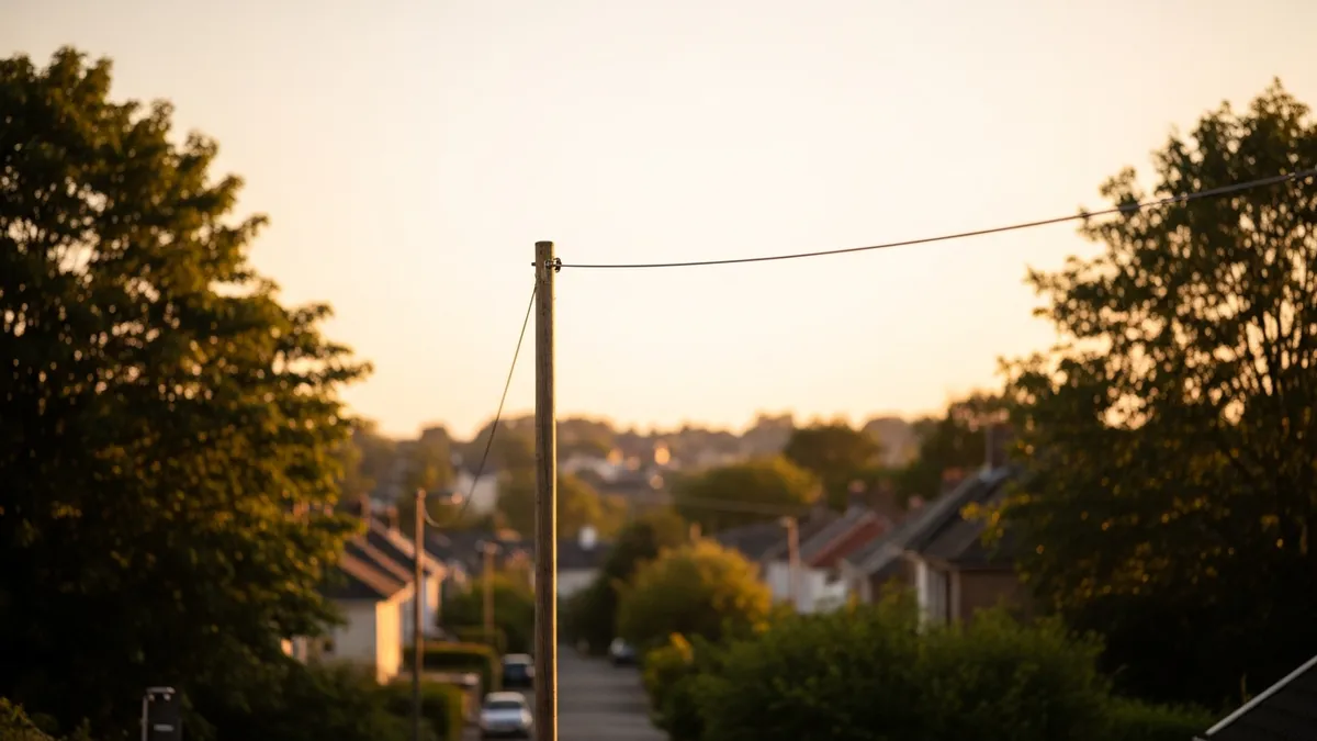 Slender eruv pole with taut wire strung overhead along a quiet residential street bathed in golden-hour light