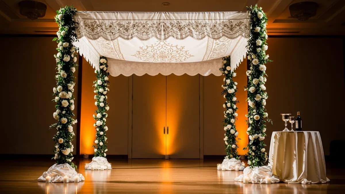 Elegant chuppah canopy of white embroidered silk over polished wood floor with silver kiddush cup on a draped table