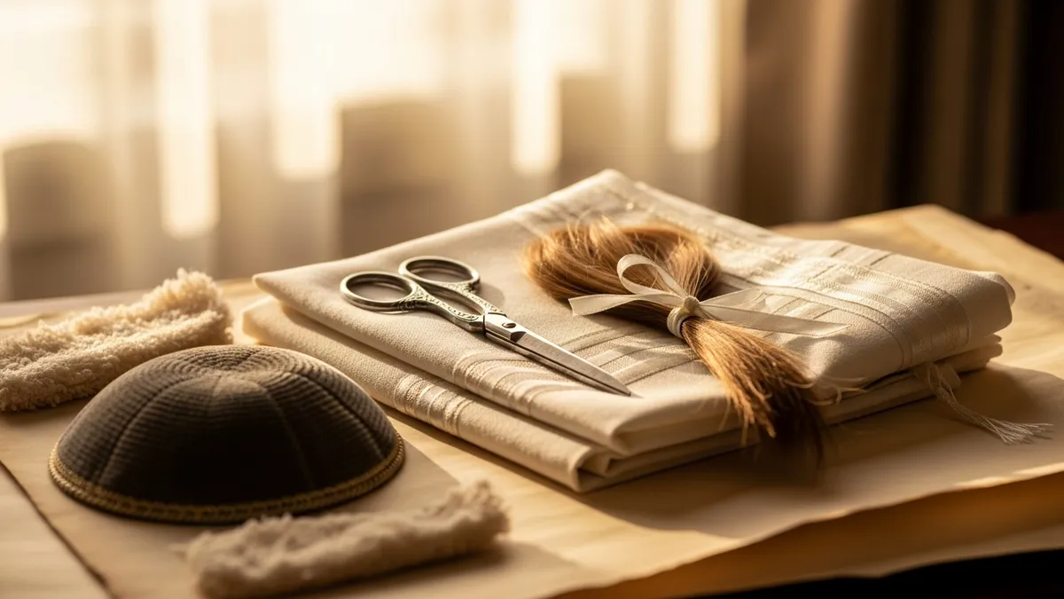 Antique silver scissors and a tied lock of hair resting on white linen beside a velvet kippah in warm golden light