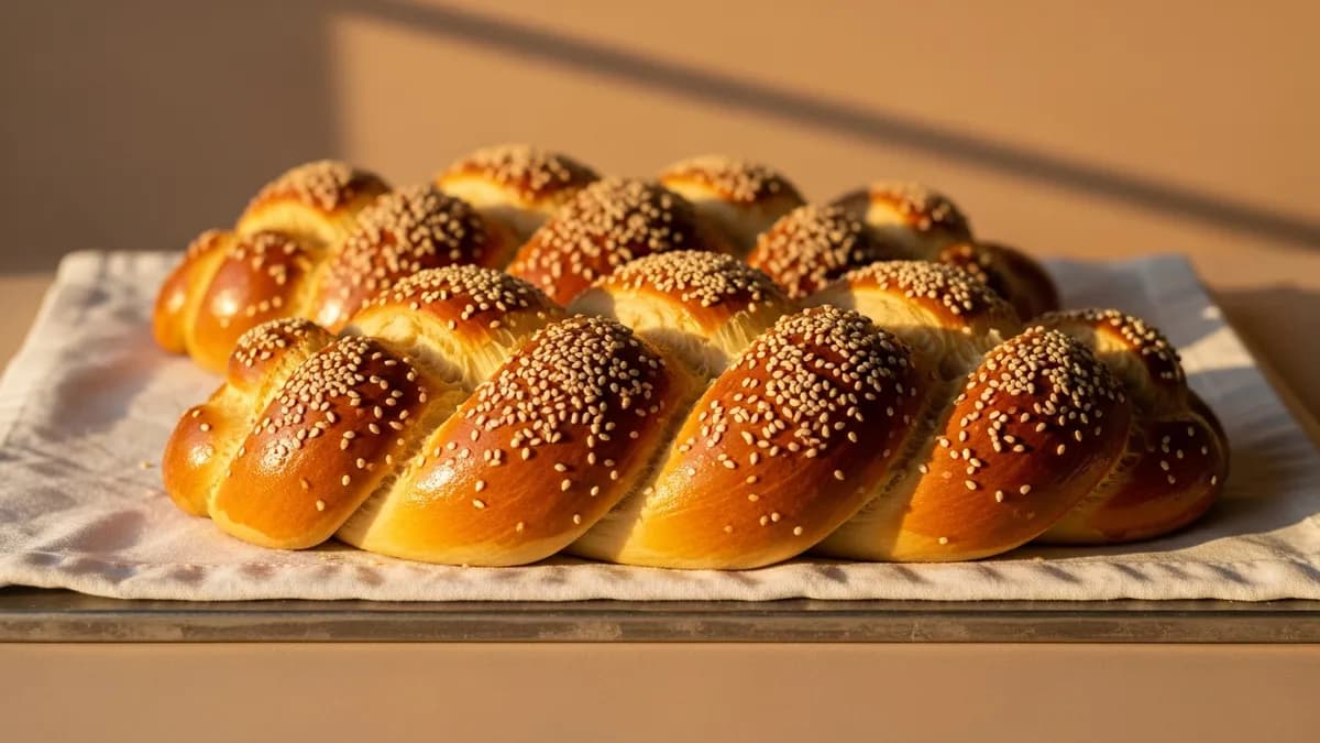 Two golden braided challah loaves on white linen with sesame seeds, lit by warm window light on a silver board
