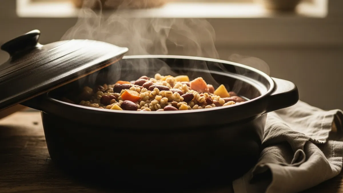 Steaming ceramic pot of cholent stew on a worn wooden surface, rich amber tones, soft golden kitchen light