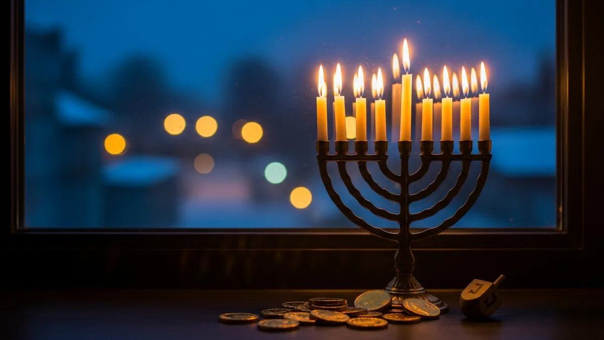 A fully lit Hanukkah menorah glowing on a windowsill at night beside a dreidel and gelt