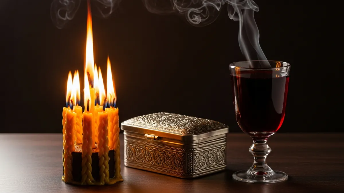 Braided Havdalah candle burning beside a silver spice box and cup of red wine on a dark wooden surface