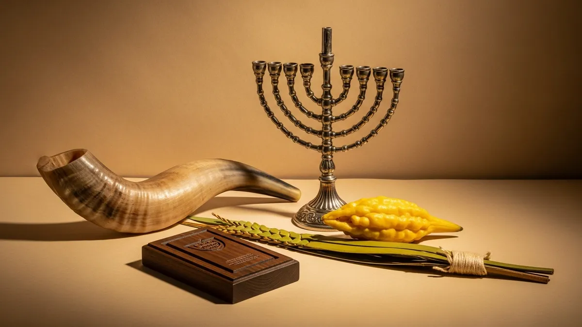 Curated Judaica still-life: shofar, chanukiah, mezuzah, etrog and lulav, and tallit bag on warm linen