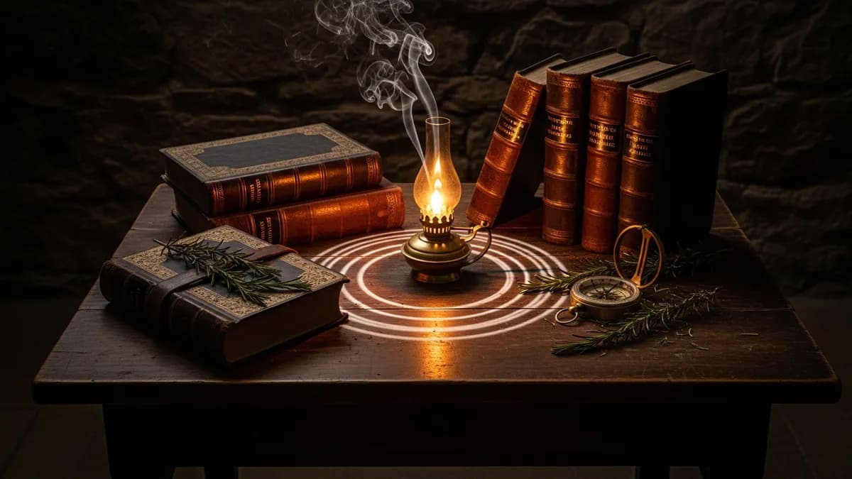 Candlelit study table with open ancient volumes and a brass oil lamp casting warm amber rings in soft darkness