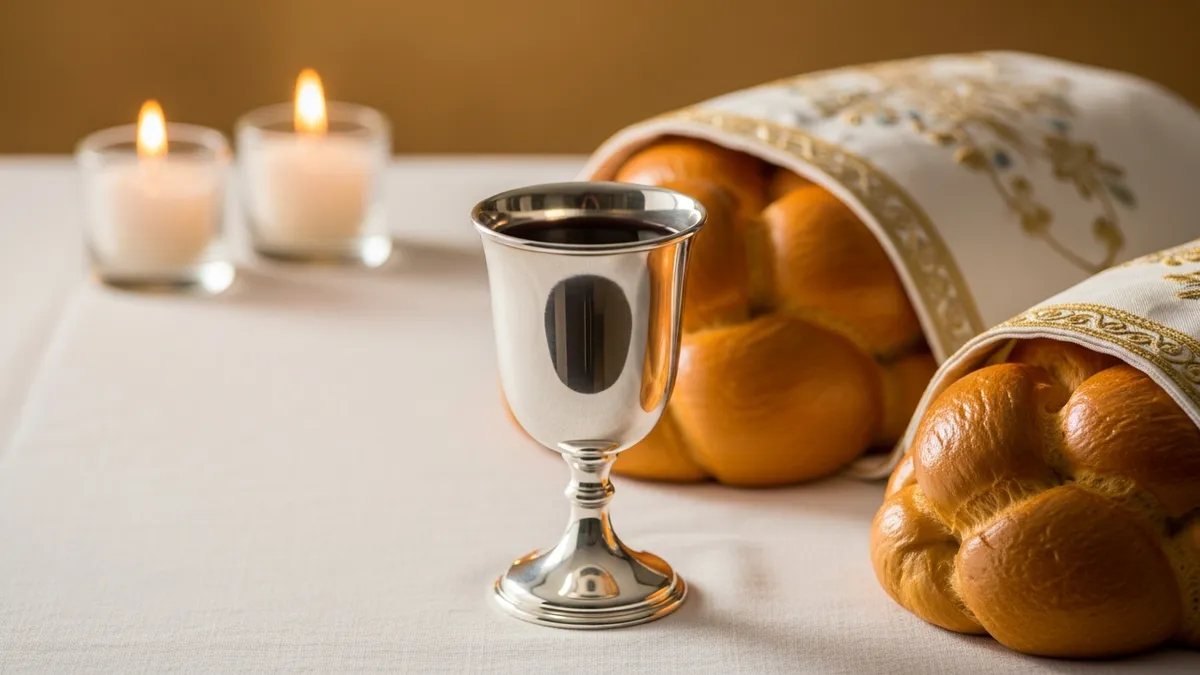 Sterling silver Kiddush cup filled with red wine beside covered challah loaves in warm Shabbat candlelight