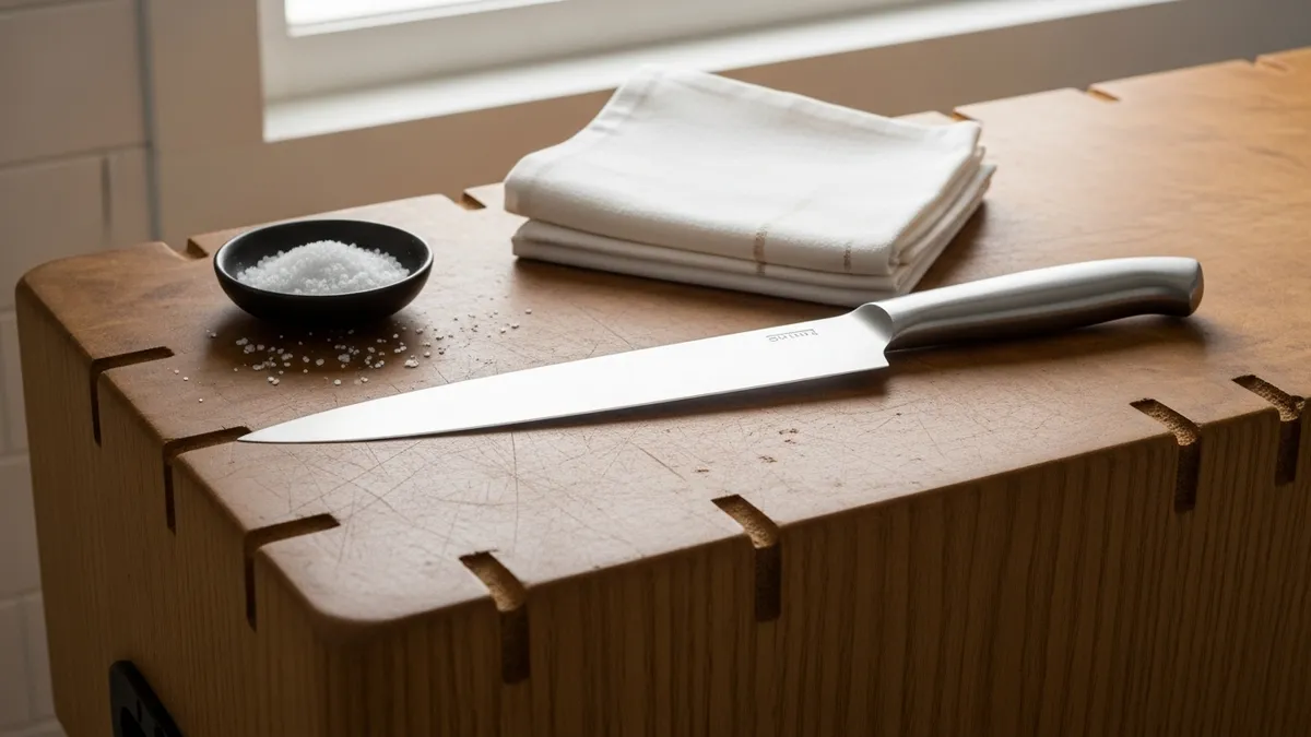 A clean butcher block with a straight knife, folded linen, and dish of coarse salt