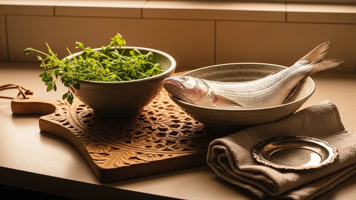 Wooden cutting board, ceramic bowls with herbs and a scaled fish, and folded linen on a warm kitchen counter