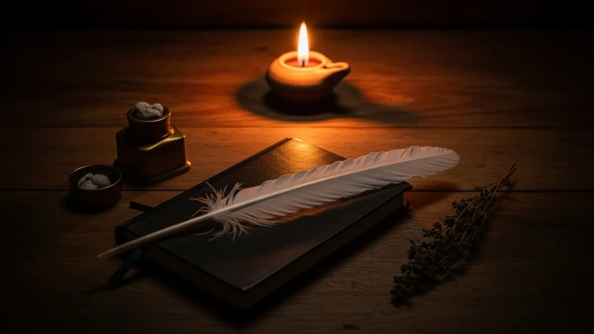 Quill pen resting on a closed leather journal beside a brass inkwell in warm candlelight