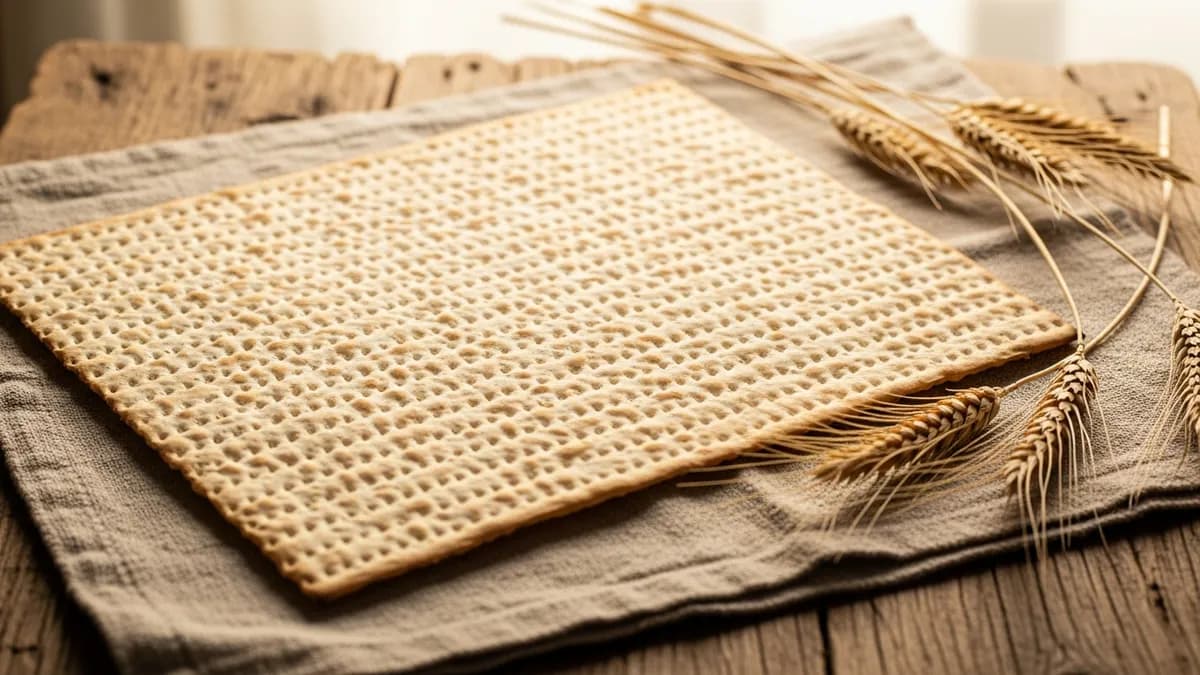 Sheet of handmade matzah with perforated holes resting on linen beside wheat stalks in warm window light