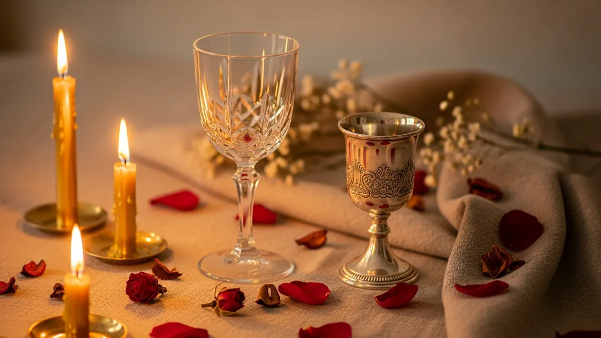 Silver kiddush cup and crystal wine glass amid scattered dried flowers on linen, bathed in warm golden candlelight