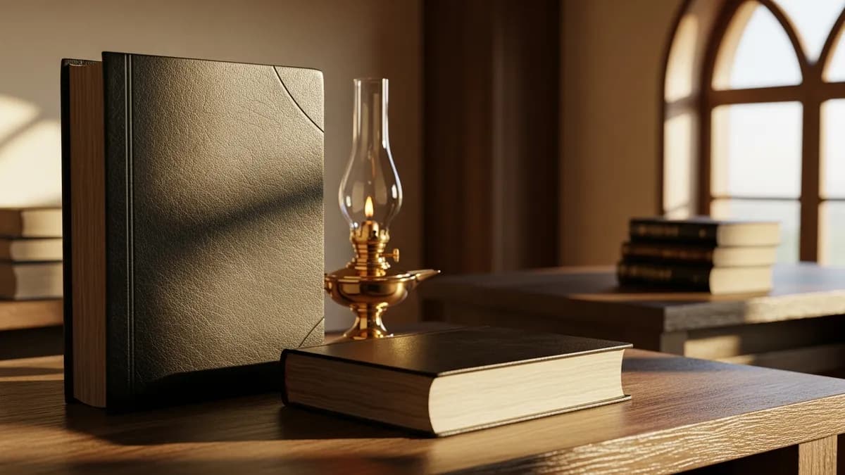 Open Talmud on a worn wooden study table illuminated by a brass oil lamp in a quiet beis medrash interior