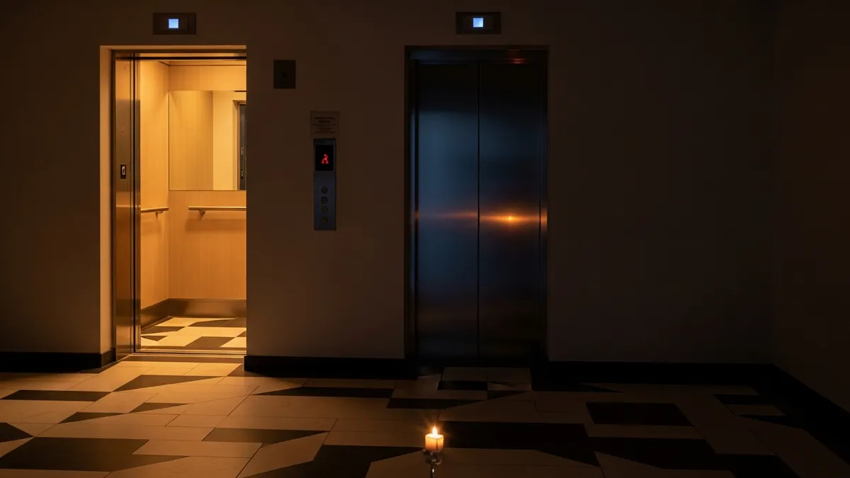 Brushed-metal elevator door reflecting a single Shabbat candle flame in a quiet lobby at dusk