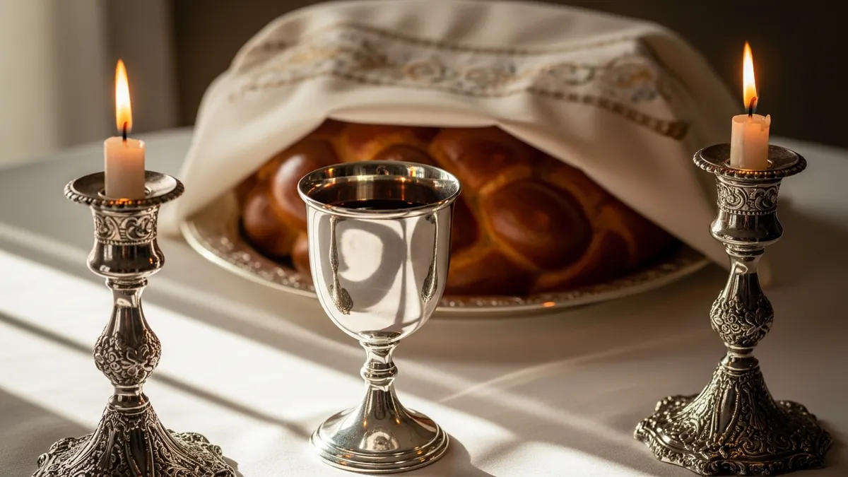 Silver Shabbat candlesticks with lit candles beside a braided challah and kiddush cup on a white linen table