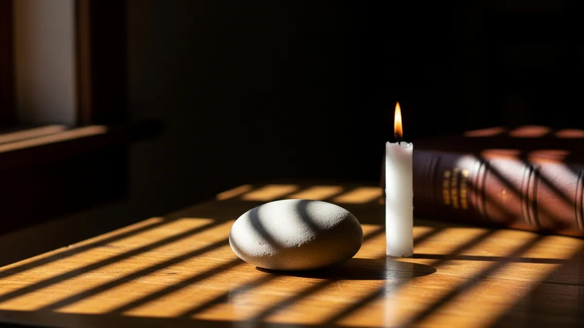 A lit white candle beside an open leather-bound book and smooth stone on an aged wooden study table in warm amber light