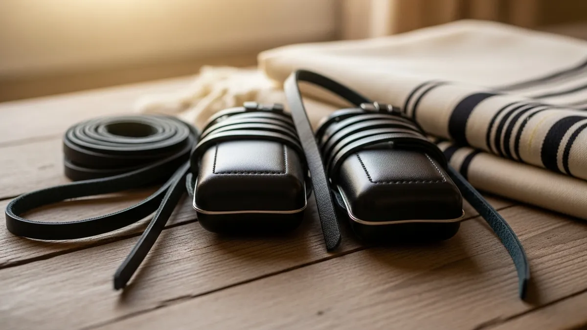 Black leather tefillin boxes with coiled straps resting on a wooden surface beside a folded tallit in morning light