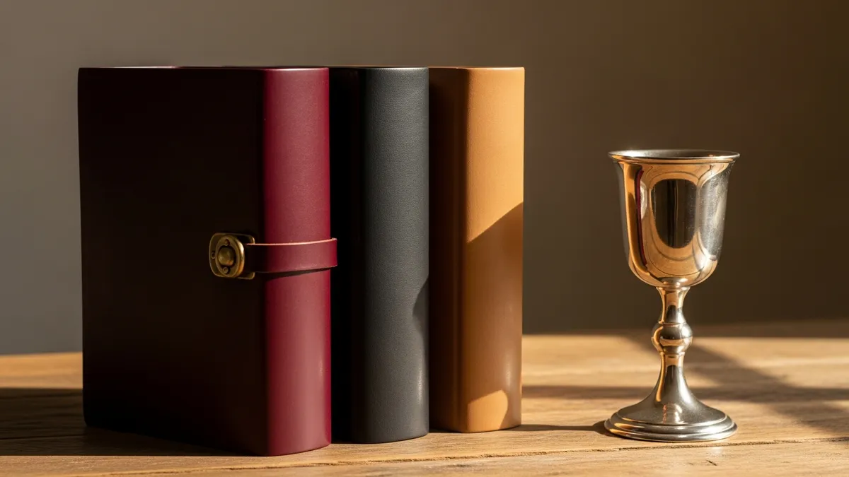 Three leather-bound books of different sizes open on a study table beside a silver kiddush cup and candlestick, warm amber light