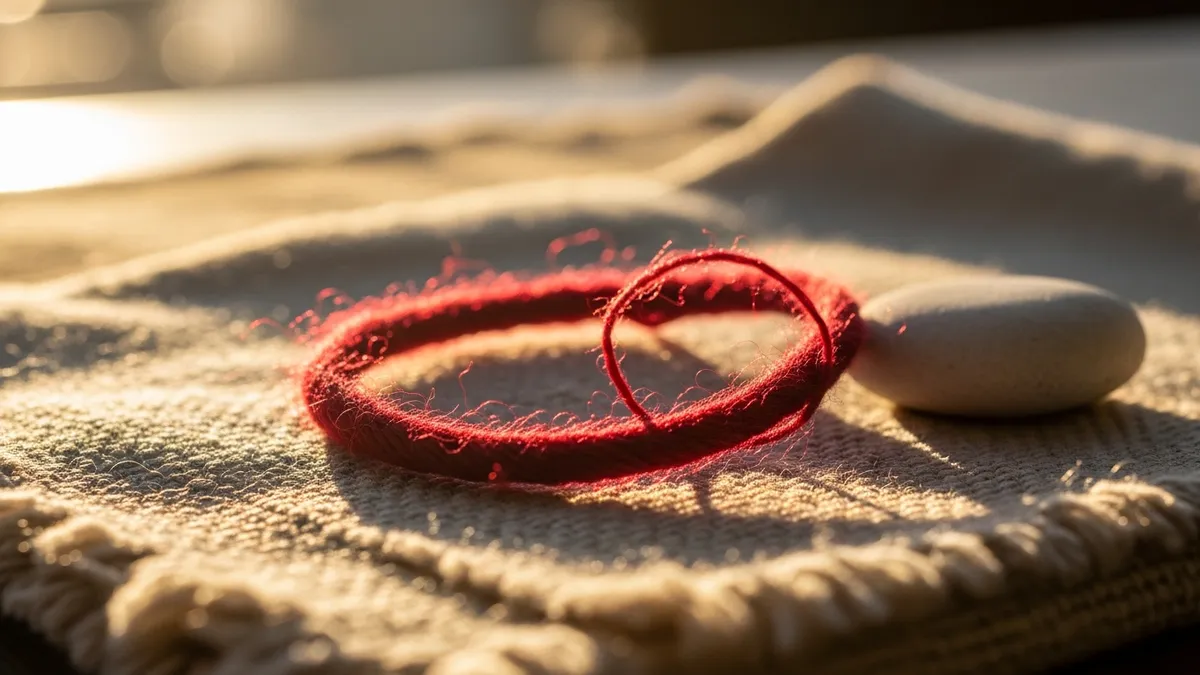 Crimson wool thread coiled on aged parchment beside a smooth stone and dried herbs, soft golden light