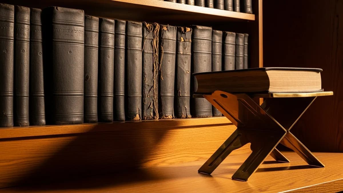 Open Talmud folio on a worn study table flanked by stacked sefarim, warm candlelight and window light illuminating parchment pages