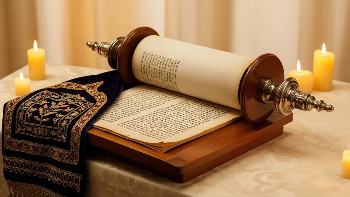 Open Torah scroll on a wooden stand with silver finials and embroidered velvet mantle, lit by warm amber candlelight