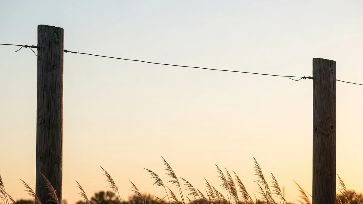 Thin wire strung between weathered wooden poles at golden hour, glowing against a soft amber sky above blurred grass