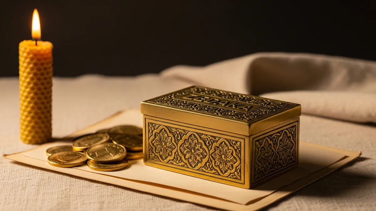 Ornate brass tzedakah box with gold coins on aged parchment and linen, lit by warm candlelight against a soft dark background