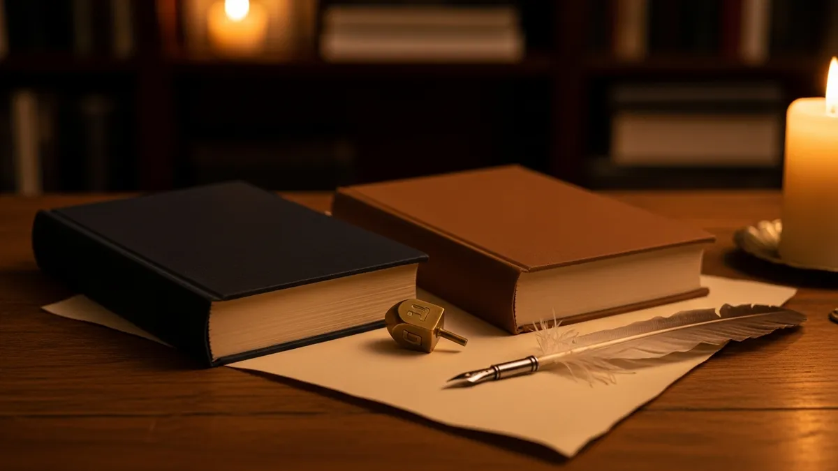 Open Talmud folio alongside a Yiddish newspaper clipping and Hebrew siddur on a warm amber-lit study table
