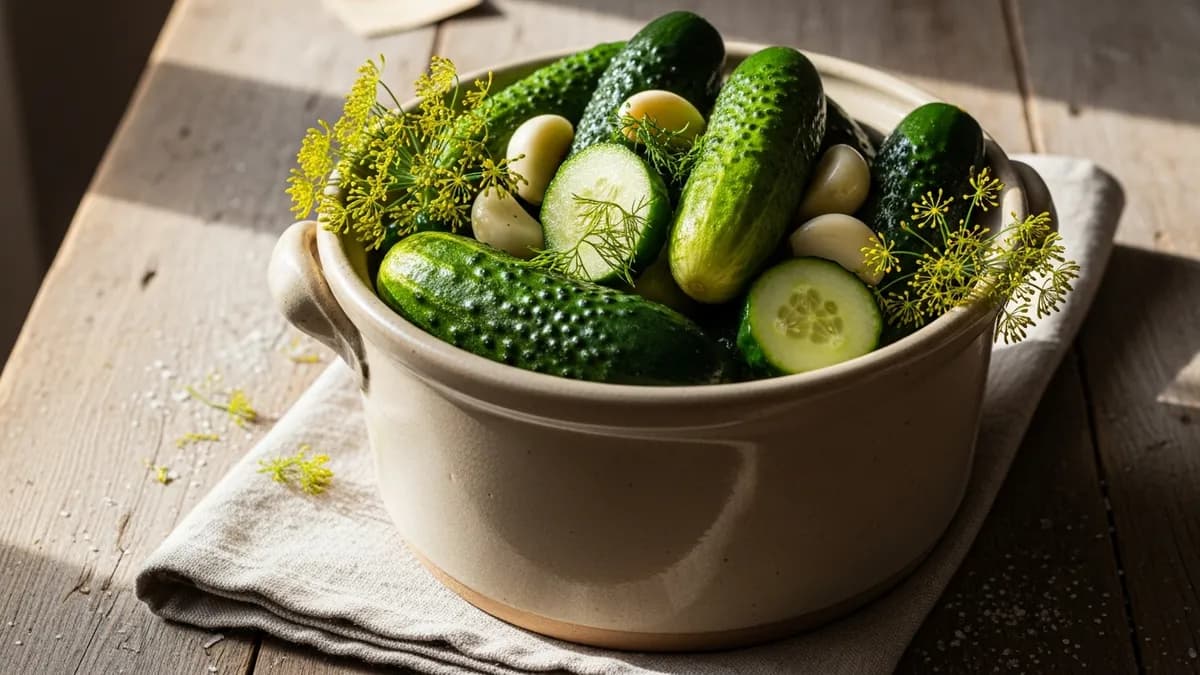 Ceramic crock of brined cucumbers with garlic and dill on a linen-draped wooden table in soft window light