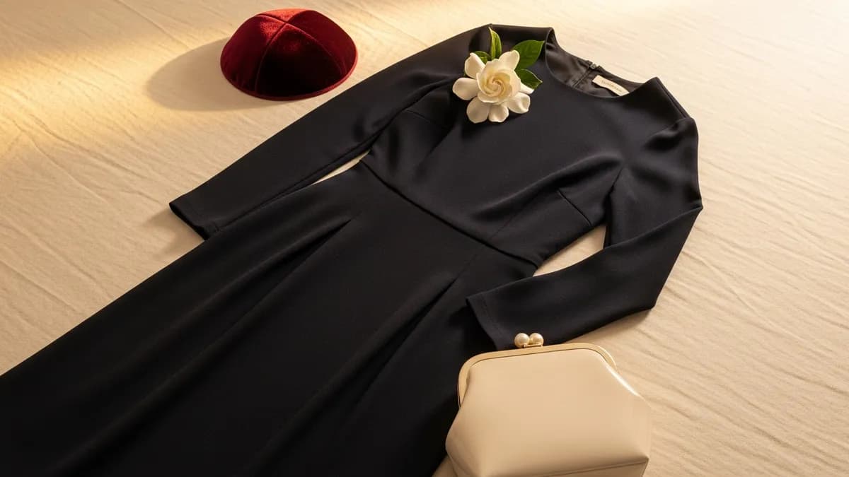 Elegant modest event attire — navy midi skirt, pearl-button blouse, wool blazer, and kippah arranged on cream linen