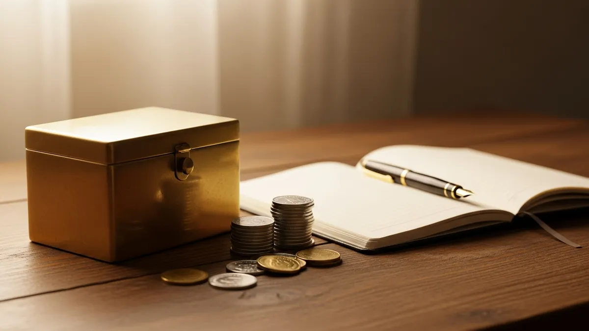 A brass tzedakah charity box on a wooden table with stacked coins and an open blank ledger