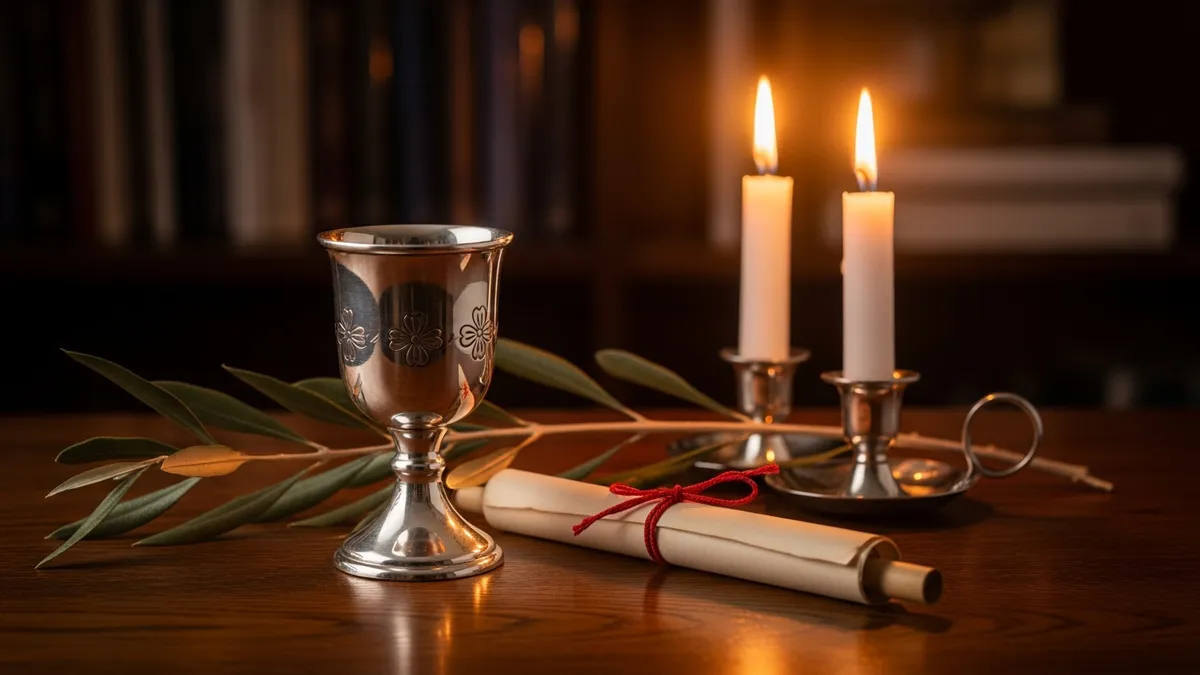 Open antique sefer on aged oak table bathed in candlelight beside a silver Kiddush cup and dried myrtle