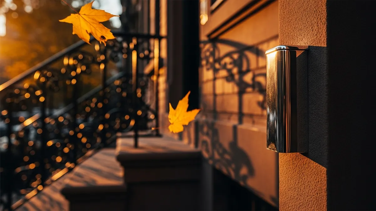 Warm golden-hour brownstone stoop with mezuzah on doorpost, iron railings, and blurred autumn street beyond