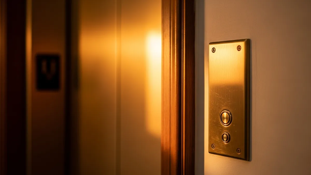 Softly lit brass elevator button panel beside a wooden doorpost mezuzah in a warm amber hallway interior