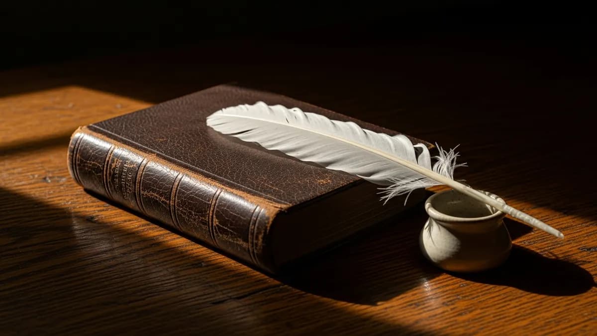 Open aged leather sefer with quill and inkwell resting on linen cloth in warm golden window light