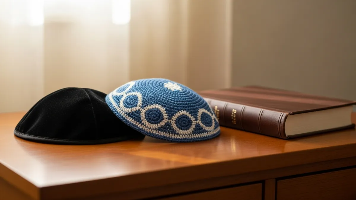 A black velvet yarmulke and a knitted kippah resting side by side on a wooden dresser in soft morning light