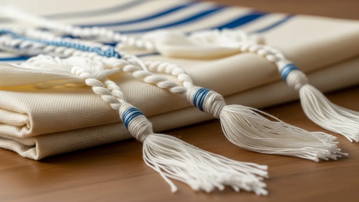 White wool tzitzit fringes with knotted windings draped over a folded cream tallit katan on warm wood