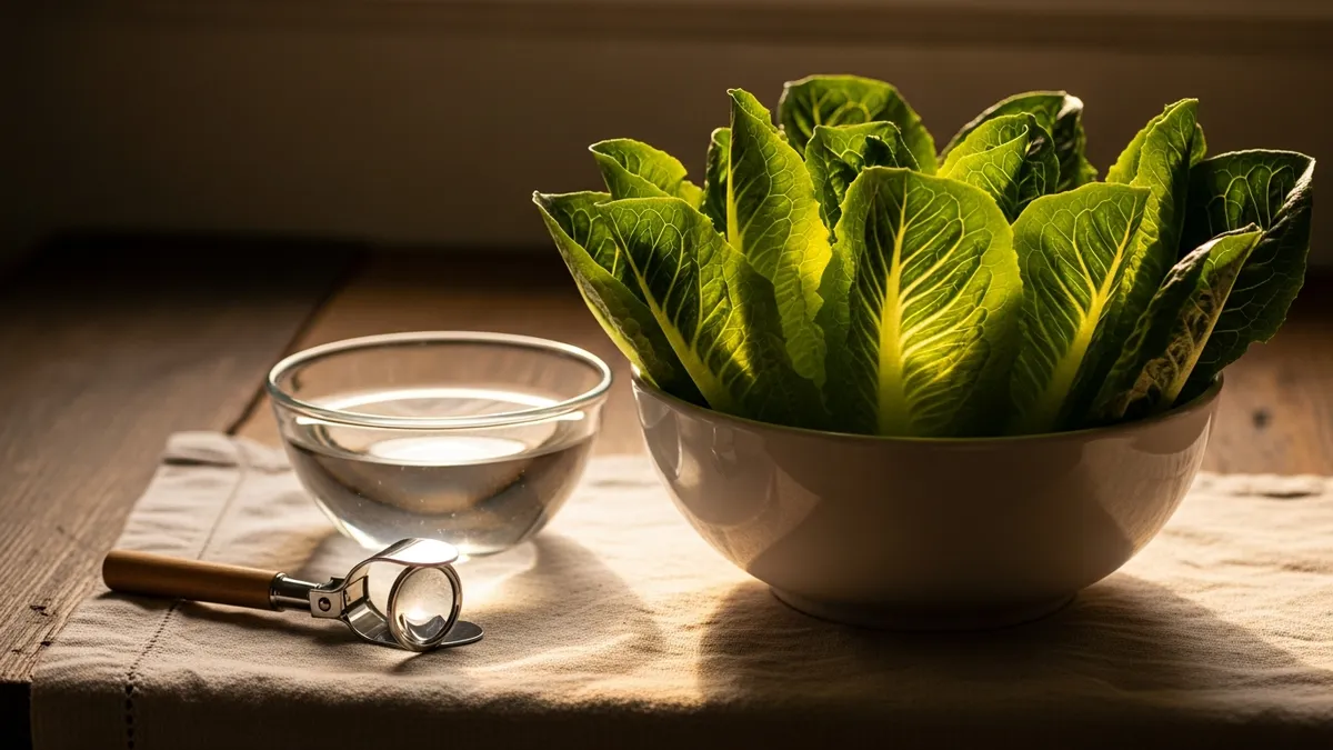 Fresh romaine lettuce leaves in white ceramic bowl beside clear water bowl and magnifying loupe on linen-draped wooden counter
