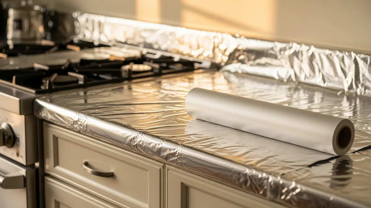 Kitchen countertop and stovetop wrapped in gleaming silver foil with warm light reflections and cream cabinetry during Passover preparation