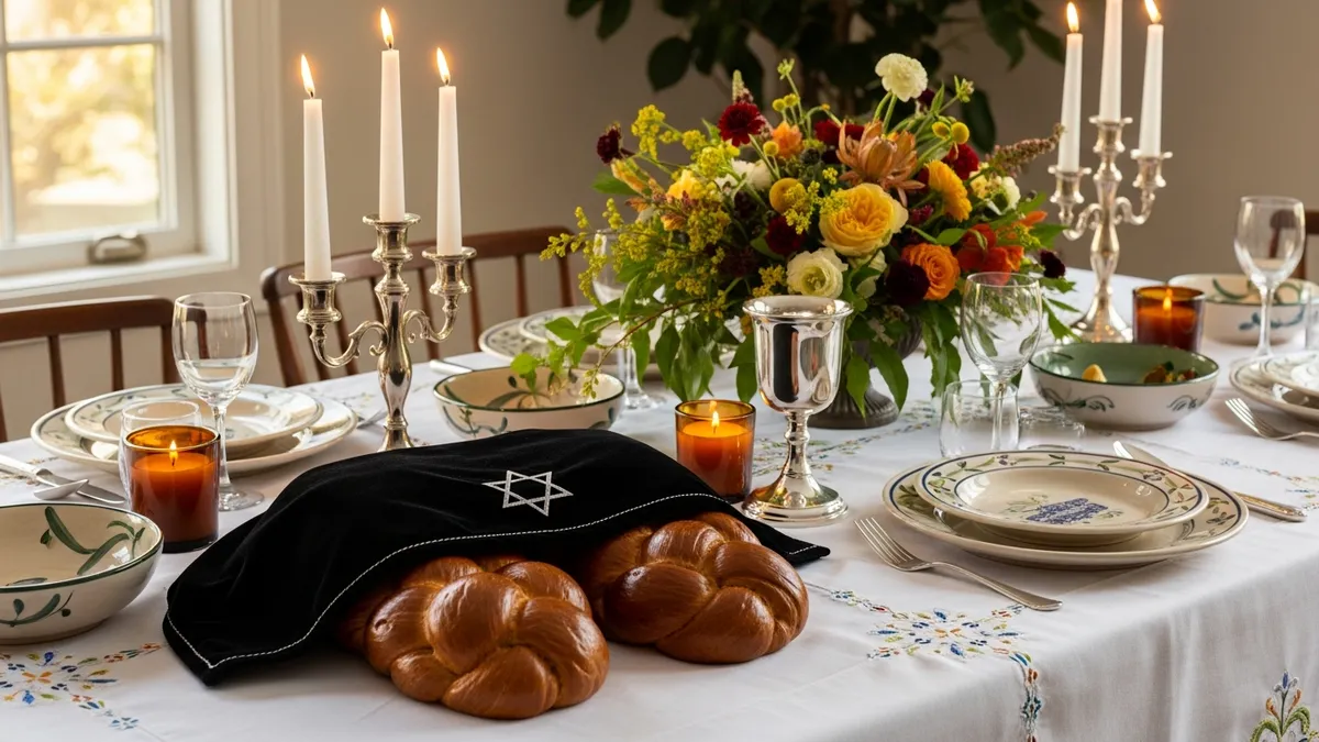 Abundant Shabbat table with braided challah, silver Kiddush cup, polished candlesticks, and ceramic dishes on white embroidered tablecloth
