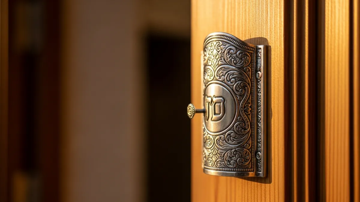 Silver mezuzah case mounted on a warm wooden doorpost in soft golden afternoon light