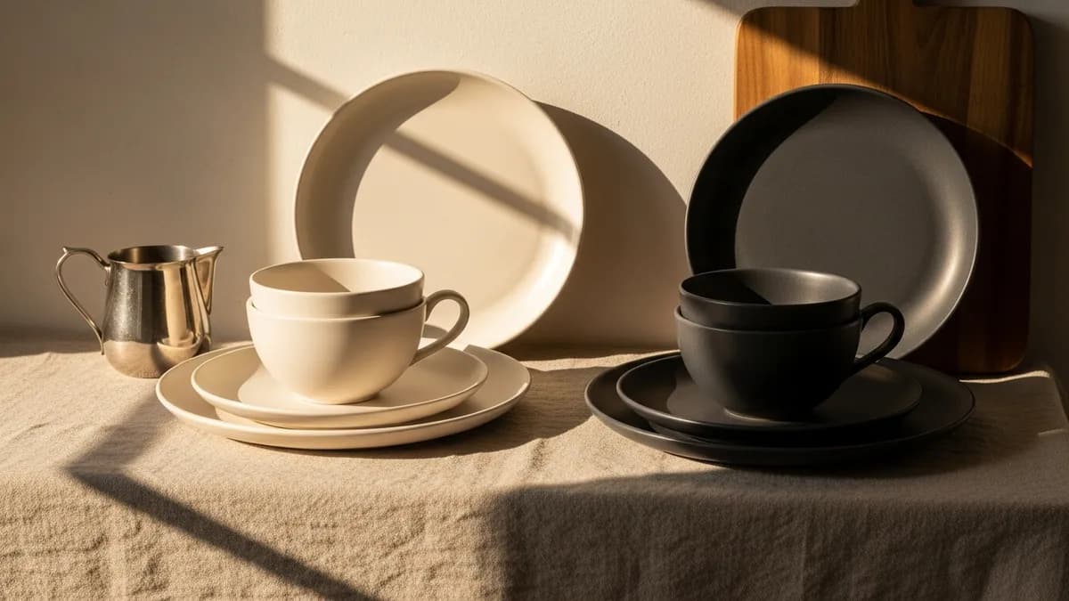 Two separate sets of ceramic dishes on linen cloth symbolizing kosher separation of milk and meat