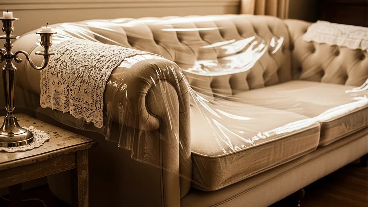 Tufted sofa with clear protective cover in a warm sunlit traditional Jewish home living room