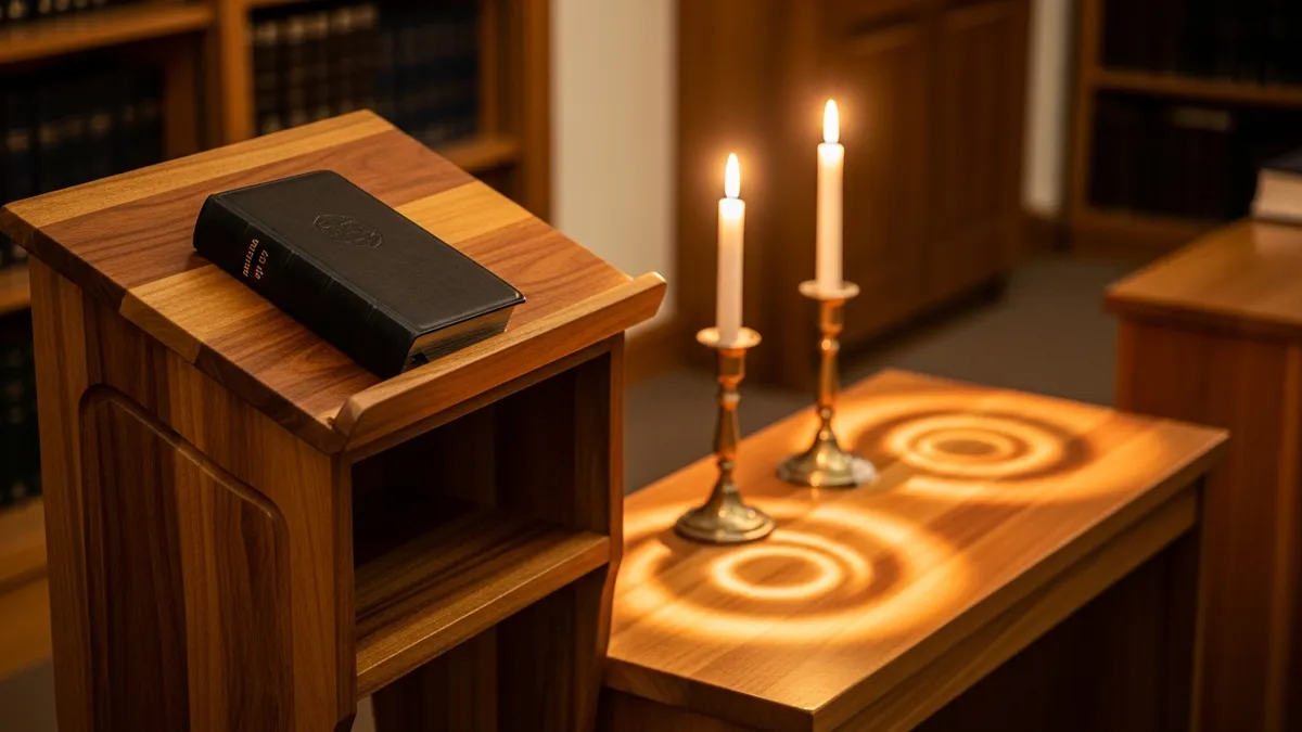 Open siddur on a wooden shtender with warm candlelight and brass Shabbat holders in soft focus behind
