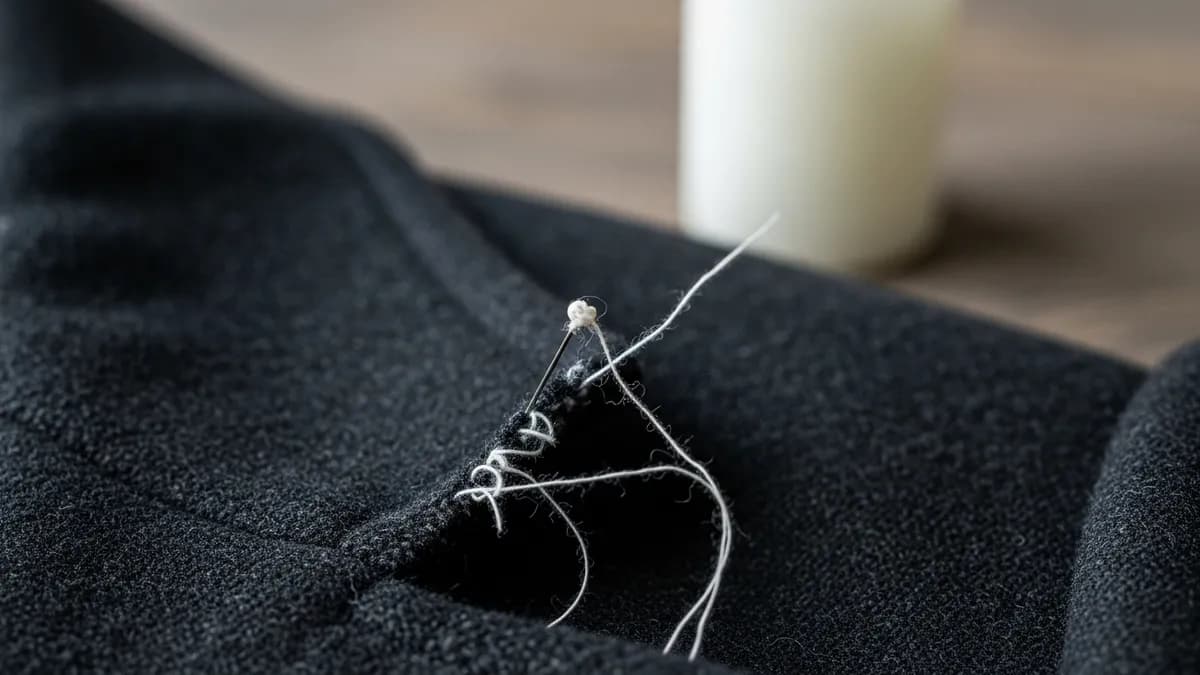 Lit white candle beside a smooth stone and folded dark fabric on a wooden surface in quiet diffused light