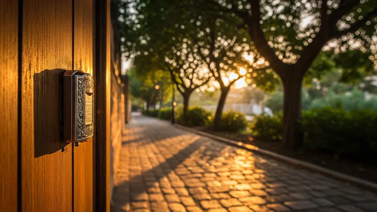 Silver mezuzah on a sunlit doorpost with a tree-lined cobblestone path glowing in golden-hour light behind