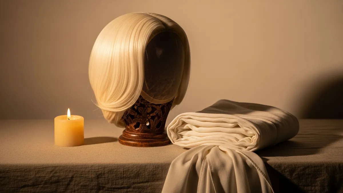 Silver hand mirror face-down beside a folded ivory headscarf in warm candlelight on a linen-draped wooden vanity