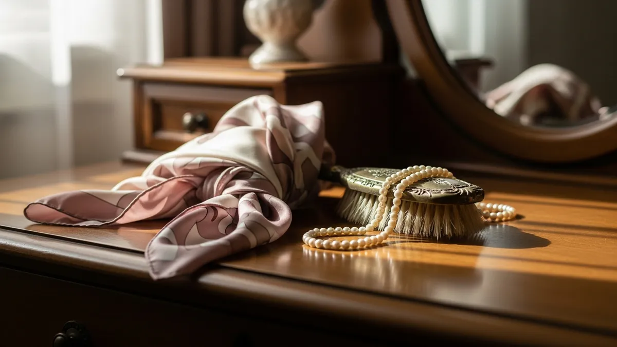 Ivory and gold tichel headscarf draped beside a pearl brooch and open parchment prayer book in soft window light